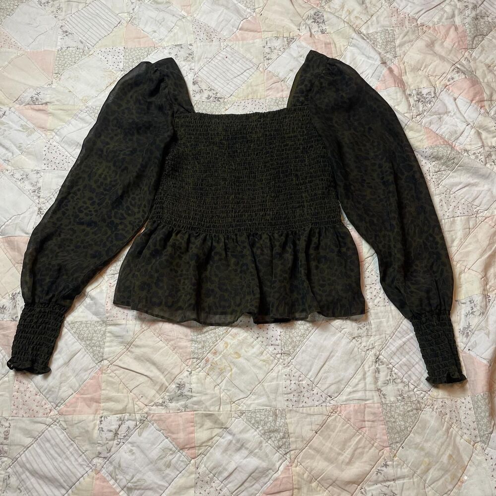 nine west smocked blouse animal print square neck long sleeve dressy top small
